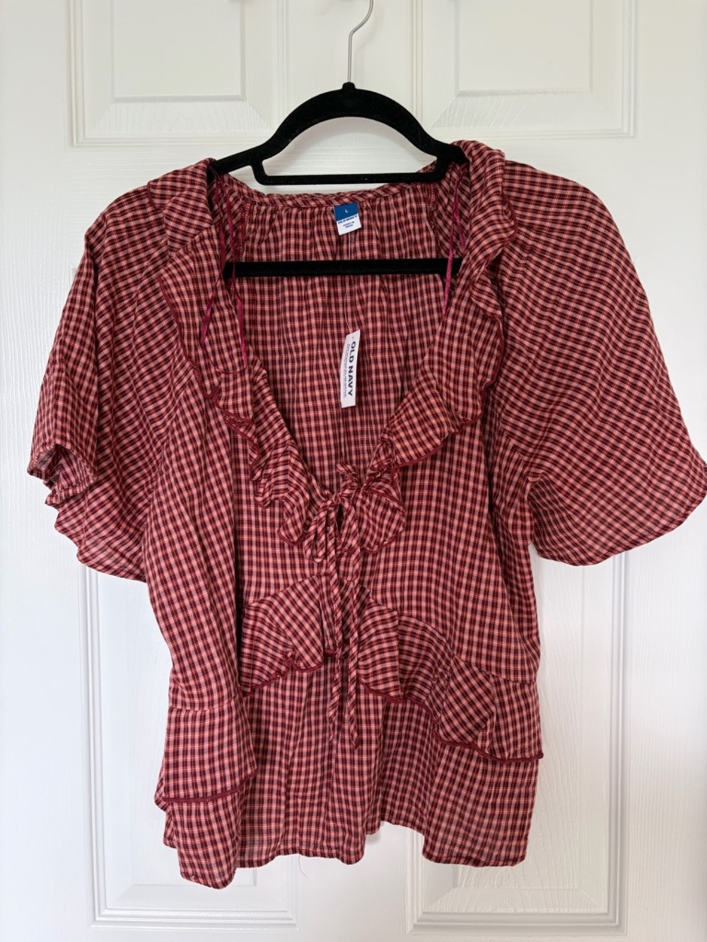 Old Navy Red Gingham Ruffle Tie-Front Blouse